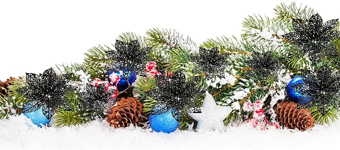 Boao Black 24 Pieces Poinsettia Flower Christmas Glitter Artificial Poinsettia with Clips Christmas Tree Ornament Decorations for DIY Xmas Wreath Holiday Home Party Decor, 3/4/6 Inches
