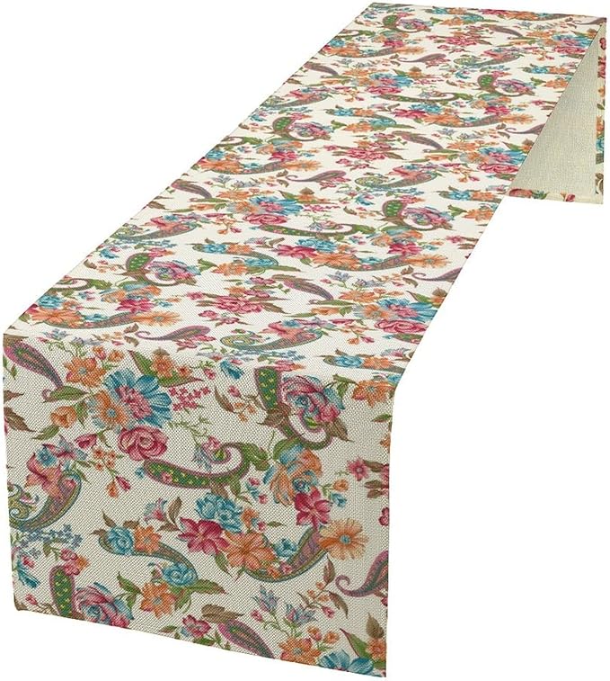Boho Floral Table Runner, Colorful Bohemian Paisley Flower Design Table Runner for Kitchen Dining Home Party Decor, 13x90 Inch
