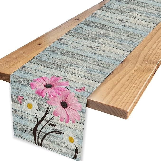 Farmhouse Table Runner, Abstract Daisy Flower Rustic Old Wood Farmhouse Print Table Runner for Home Indoor Outdoor Party Wedding Decor 13x36 inch