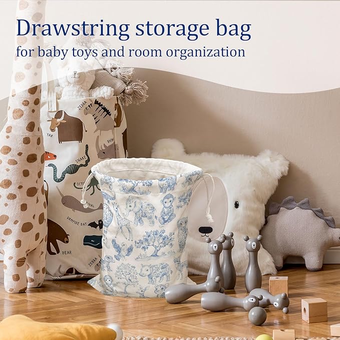 DSHFG Blue Birthday Drawstring Gift Wrap Bags, Safari Toile Chinoiserie Animals Baby Shower Drawstring Gift Bags Canvas, Blue and White Small Happy Birthday Bag, 10x13 Inch