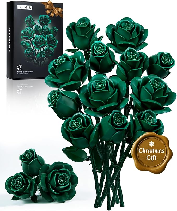 iATOM Green Rose Bouquet Building Set, Artificial Flowers Botanical Collection for Adults, Gift for Christmas and Valentines Day - Retro Home Office Table Centerpiece Decor - IA11018