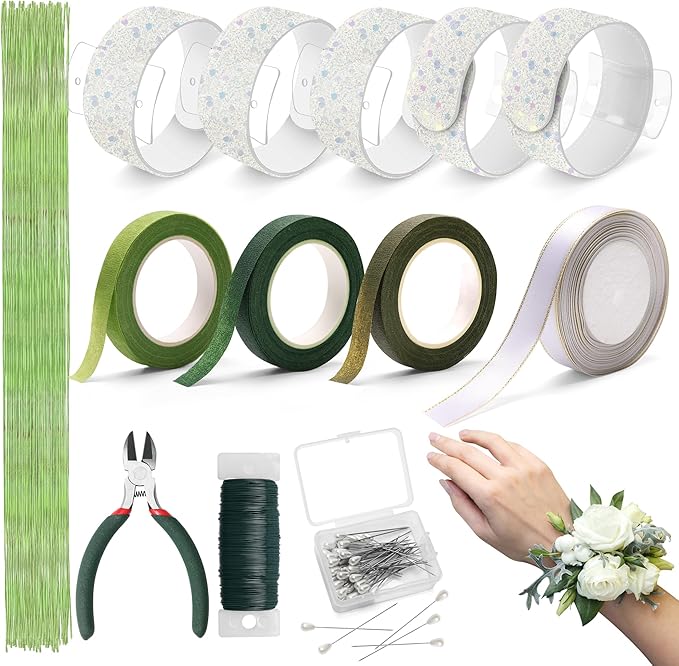 161 PCS DIY Wrist Corsage Making Kit with 5P Wrist Corsage Bracelets, Floral Wire and Cutter, Floral Tape, Pin, Ribbon for Wedding Party Boutonniere Supplies
