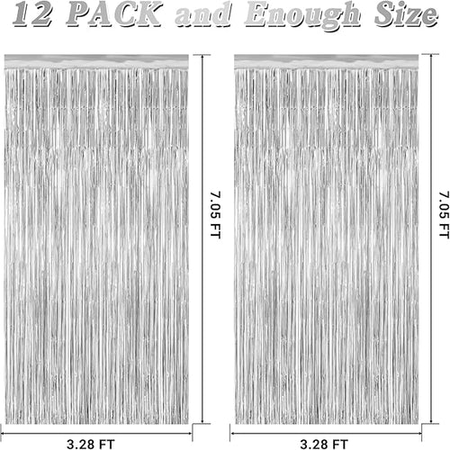 12 Pack Silver Backdrop. 3.28 FT x 7.05 FT Birthday Decorations, Metallic Silver Fringe Backdrop Foil Curtains Tinsel, Disco Party Decor Photo Booth Props Door Decorations Hanging
