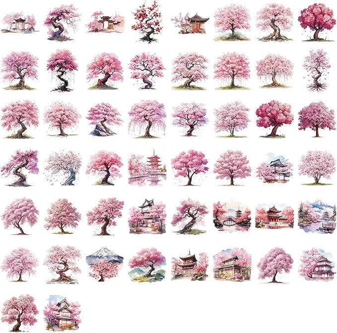 50 Pcs Carambola Tree Stickers, Pink Watercolor Cartoon Stickers, Transparent Waterproof Vinyl Stickers for Scrapbooking, Journaling, Laptop, Water Bottle, Phone Case Decoration for Her, Teen Girls
