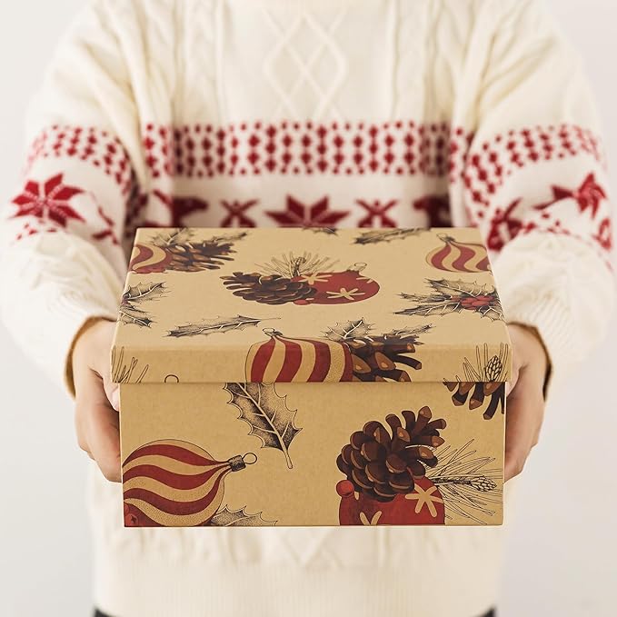 Soul & Lane Christmas Kraft Square Decorative Boxes with Lids - Set of 4 - Retro Cozy Christmas, Reusable Large Nesting Holiday Gift Boxes for Presents and Décor