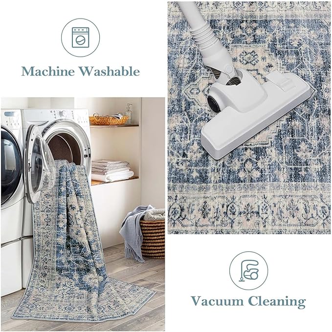 Lahome Oriental Washable Runner Rug Non Slip, 2x7 Rug Runners for Hallways Kitchen, Ultra-Thin Hallway Rugs for Laundry Room Bathroom Bedroom, Blue