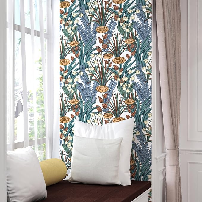 Boho Floral Peel and Stick Wallpaper, Vintage Botanical Contact Paper, Self Adhesive Wall Mural 17.5" x 118" Tropical Wall Paper Waterproof Removable for Bedroom Walls Cabinet (White, Orange, Blue)