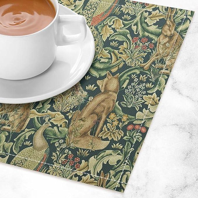 William Morris Floral Animal Placemats Set of 6, Vintage Botanical Plant Birds Rabbit Place Mats, Heat Resistant Non Slip Cotton Linen Dining Table Mats for Home Kitchen Party 18x12 Inch