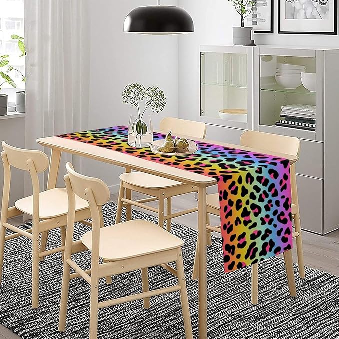 Rainbow Leopard Skin Print Table Runner, Wildlife Colorful Neon Cheetah Dots Dinner Runner Table Decoration for Farmhouse Home Kitchen Dining Table Party Holiday Decor 13x90in