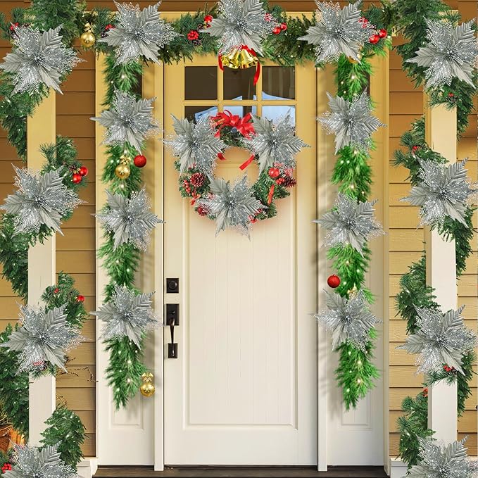 10'' Large Christmas Glitter Poinsettia Flowers Decorations, stadeco 10 Pcs Christmas Tree Picks Ornaments Artificial Flowers with Long Stems for Xmas Tree Wreath Garland Wedding Party DIY Decor