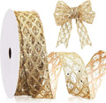 Geosar 20 Yards Gold Glitter Mesh Wired Ribbon for Christmas Tree Decorations, Gift Wrapping, DIY Craft, Xmas Wreaths, Cabinet Decor (1.5 Inch)