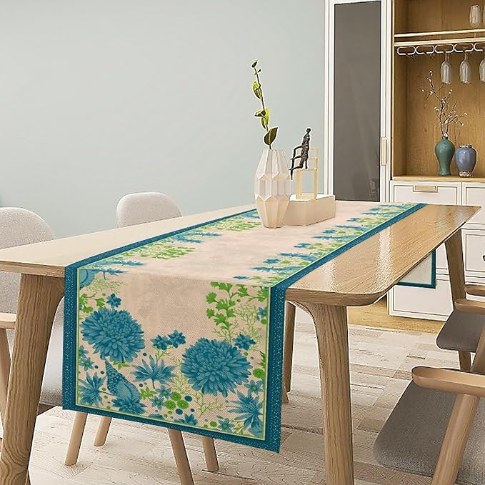 Vintage Floral Table Runner, Elegant Blue Flowers Nature Design Table Runner for Kitchen Dining Holiday Party Home Decoration, 13x108 Inch