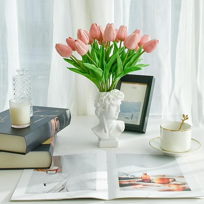 Mandy's Artificial Tulips 20 Stems Dusty Pink PU Faux Flowers for Thanksgiving and Christmas Decorations Wedding Home Decor 13.5 Inch
