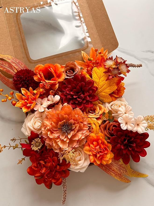ASTRYAS Burnt Orange Flowers Combo Silk Fake Flowers Combo with Stems for DIY Wedding Bouquets Bridal Shower Centerpieces Party Decorations Thanksgiving Day