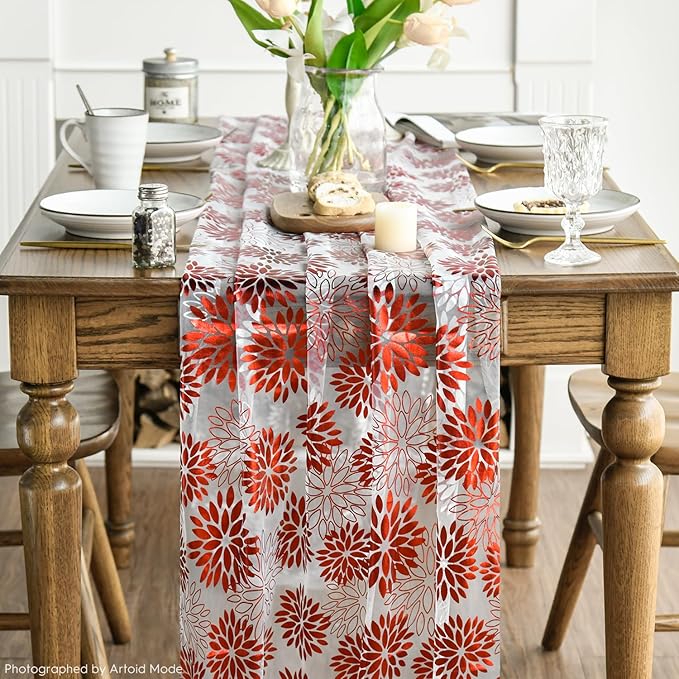 Artoid Mode Beige Red Dahlia Flower Gauze Table Runner 120 Inch 10FT, Glitter Metallic Foil Seasonal Sheer Dining Holiday Table Decor for Home Party