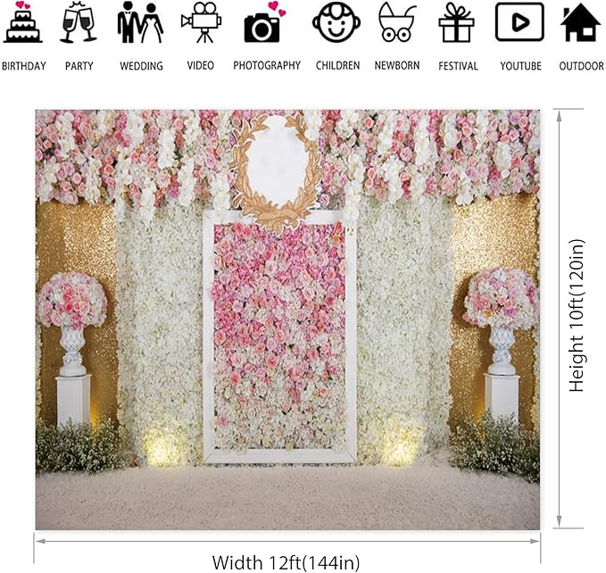 12x10ft Pink Flower Wall Photography Backdrop Proposal Ceremony Wedding Floral Photography Background Women Girl Birthday Party Bridal Shower Decor Banner Photo Booth Props