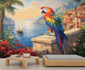 KIREUPA Macaw Parrot Wall Mural, Coastal Mediterranean Parrot 3d Wall Murals, Sunset Seaside Village Scene Wallpaper Mural, for Living Room Bedroom Large Wallpaper Indoor Decor 59" W x39.4 H