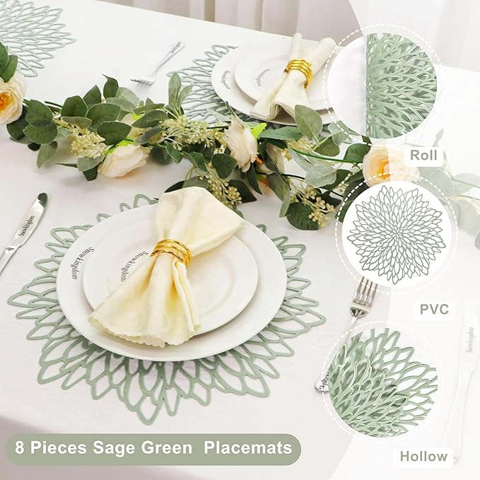 Snowkingdom Sage Green Placemats Set of 8, Round Pressed Vinyl Leaf Washable Place Mats 15 Inch Dinning Floral Table Mats for Wedding Birthday Baby Shower Easter Christmas Holiday Party Decorations