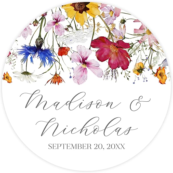 Personalized Floral Wedding Stickers with Your Choice of 30 Flower Styles - Choose Font and One of Five Pre-made Phrases or Add Custom Text (013 - Bright Colorful Flowers)