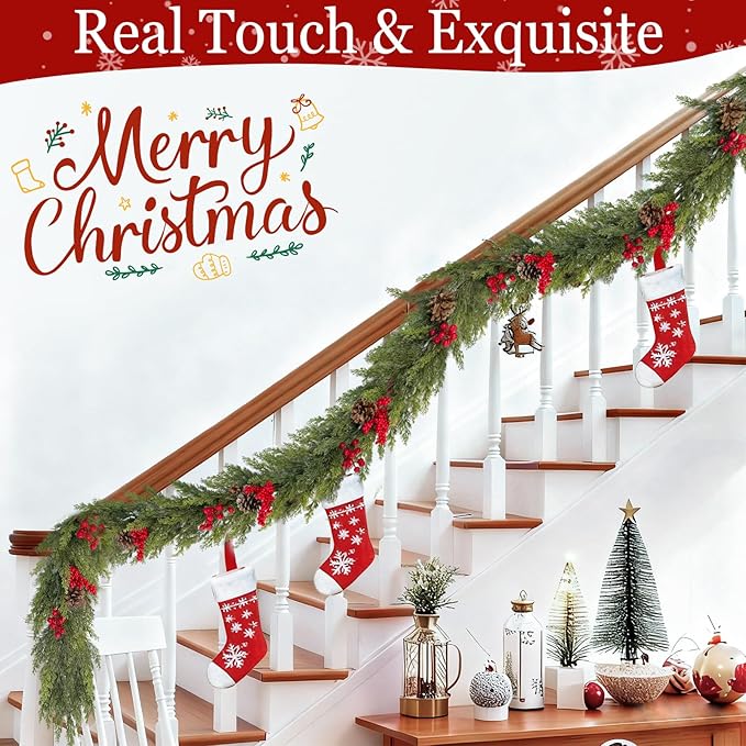 6 Ft Christmas Garland - Real Touch Cedar Garland with Red Berry Clusters Pinecones by 90 Cedar Branches, Realistic Greenery Faux,Christmas Garlands for Mantle Fireplace Table Centerpiece Decor