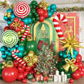 Christmas Balloon Garland Arch Kit, Xmas Red Green Gold Balloons Candy Cane Explosion Star Mylar Foil Balloons for Merry Christmas Ugly Sweater New Year Friendsmas Festival Birthday Party Decorations