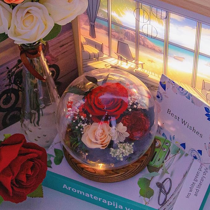 Birthday Gifts for Women Preserved Red Real Rose Flowers in Glass Dome, Forever Rose Gift for her Mom Wife Girlfriend on Christmas Birthday Anniversary