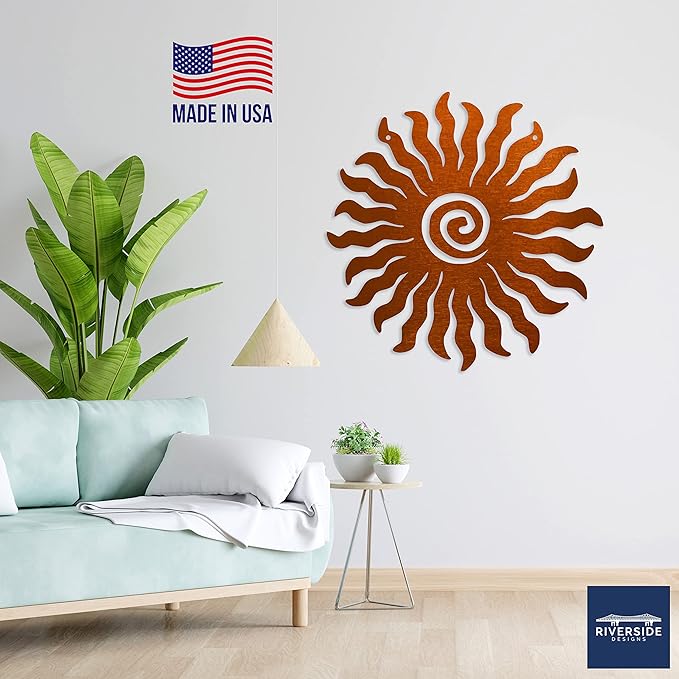 Riverside Designs Sunburst Metal Wall Art Steel Outdoor Decor - Heavy-Duty and Waterproof - Made in USA (24", Copper)
