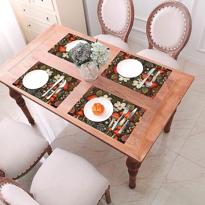 Placemats Set of 4 PVC Woven Place Mats Heat Resistant Easy to Clean for Indoor Outdoor Party Kitchen Dining Table Decoration 12"x18",Mushroom Pattern