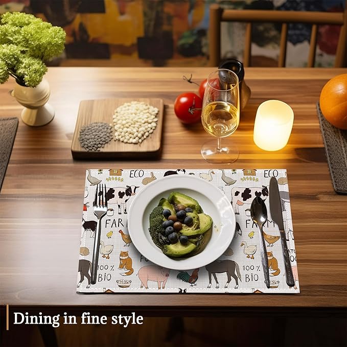 Farm Animals Cow Pig Placemats Set of 6 Place Mats for Kitchen Table Washable Farmhouse Linen Table Mats Dining Decoration 12x18 Inch