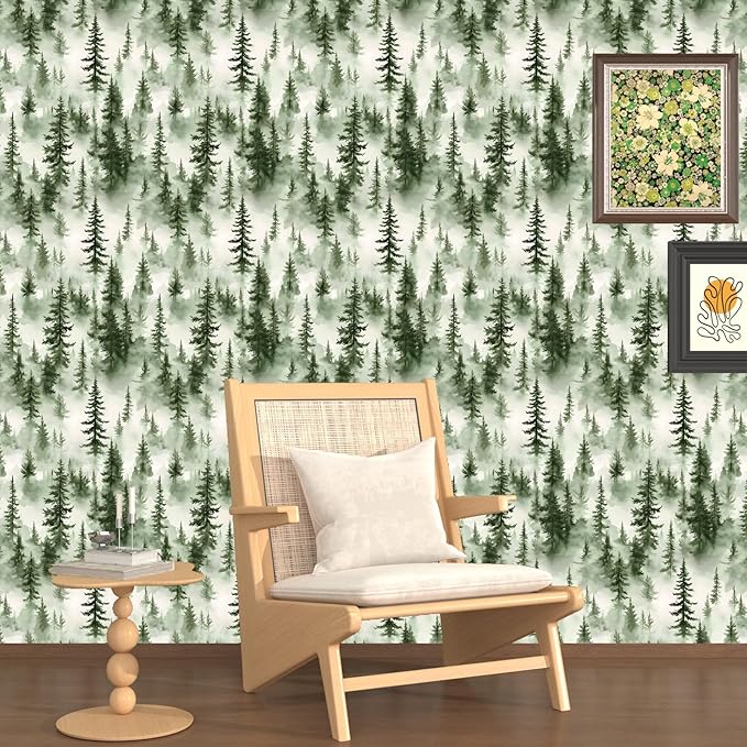 Foggy Forest Wallpaper Peel and Stick,Green Pine Trees Contact Paper,Misty Woodland Landscape Wall Paper Mural Self Adhesive Waterproof Removable for Bathroom Shelves Cabinet Drawer Table 17.5" x 118"