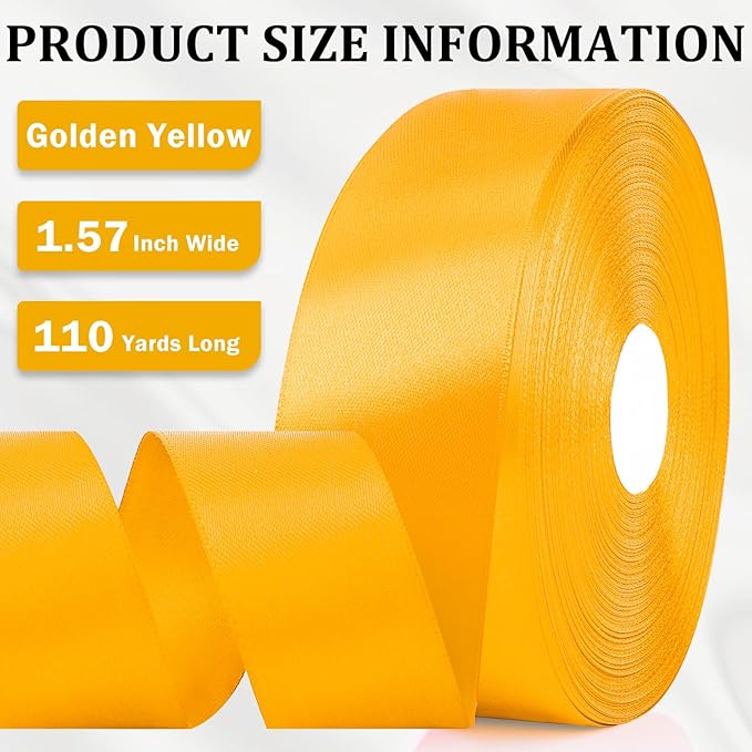 XSEINO 110 Yards Ribbon,1 1/2 Inch Golden Satin Ribbon for Flower Bouquet, Gift Wrapping, Ribbons for Crafts, Hair Bows Making, Wedding Party Decoration, Sewing, Invitation Cards, Christmas, Wreath