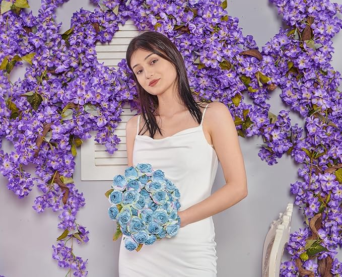 Rose Artificial Flower 28pcs Realistic Faux Silk Roses Fake Flowers Bouquets Arrangements Decor for Wedding Spring Mother's Day, Home Table Decorations, Blue Flower