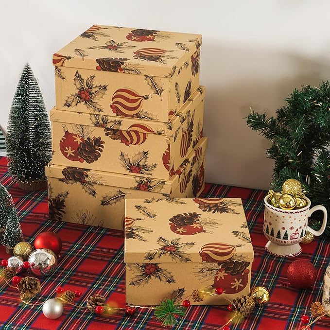 Soul & Lane Christmas Kraft Square Decorative Boxes with Lids - Set of 4 - Retro Cozy Christmas, Reusable Large Nesting Holiday Gift Boxes for Presents and Décor