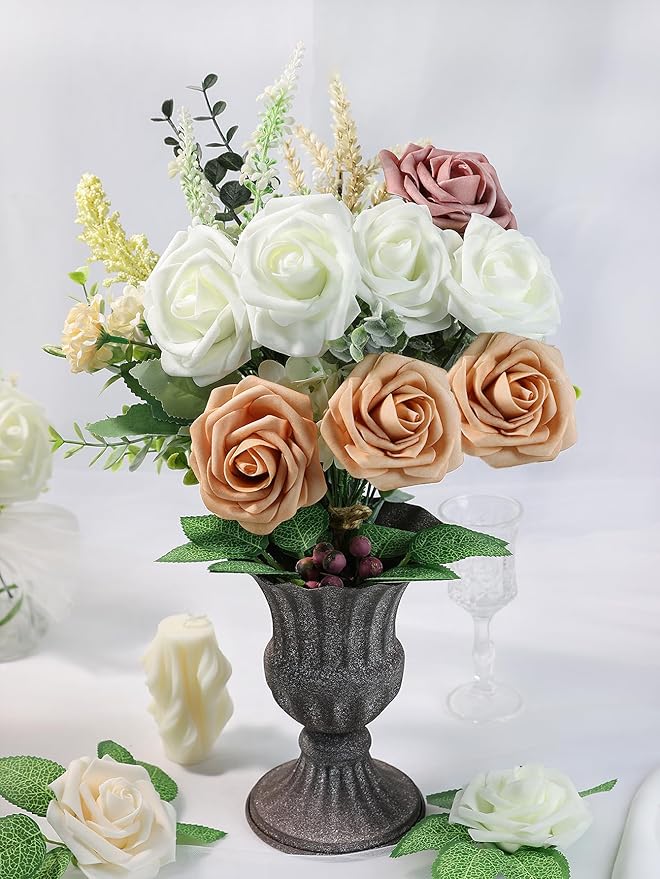 Meldel Artificial Flower 25pcs Real Looking Ivory White Fake Foam Roses with Stems for DIY Wedding Bouquets Gifts Bridal Shower Faux Floral Centerpieces Arrangements Home Party Tables Decorations