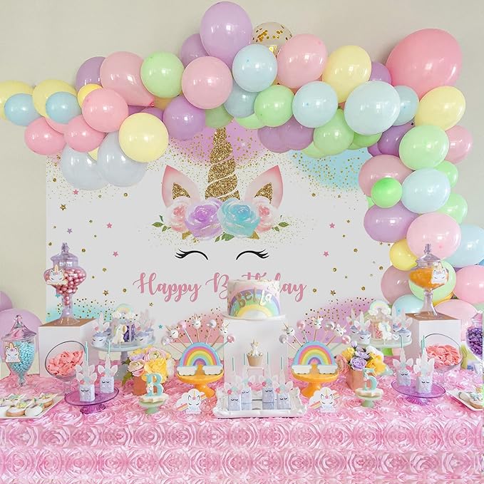 Mocsicka Unicorn Birthday Decorations Backdrop for Girls Party 5x3ft Pastel Rainbow Glitter Stars Dots Happy Birthday Banner Photo Booth Props
