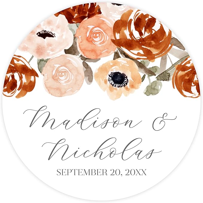 Personalized Floral Wedding Stickers with Your Choice of 30 Flower Styles - Choose Font and One of Five Pre-made Phrases or Add Custom Text (025 - Orange Flowers)