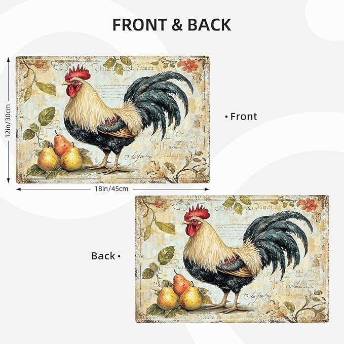 Farmhouse Rooster Placemats Set of 6, Rustic Chicken Place Mats, Pear Dining Table Mats, Washable Placemats for Kitchen Dining Room Home Decor 18L'' × 12W''