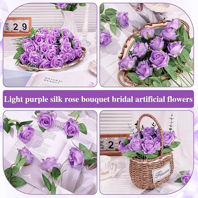 80 Pcs Roses Artificial Flowers, Silk Light Purple Artificial Flowers Petals Long Stem Roses for Wedding Bouquet Home Party Decor