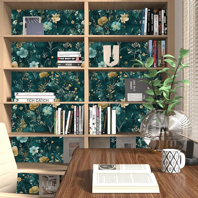 Vintage Floral Peel and Stick Wallpaper Boho Wallpaper 17.5''x393'' Teal/Blue/Yellow Wildflowers Vinyl Contact Paper Waterproof Self Adhesive Modern Stick on Wall Paper for Bedroom Wall Table Cabinet