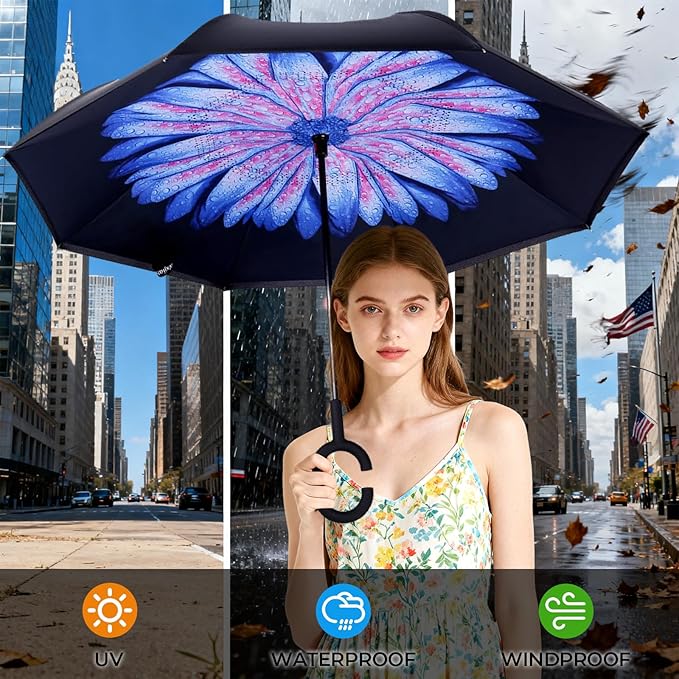 Inverted Umbrella, 49 Inch Double-Layer Vented Reverse Umbrella, Windproof Waterproof UV Protection, Lightweight C-Handle, Fiberglass Ribs, Steel Shaft, Travel/Commute/Car Use, With Sleeve