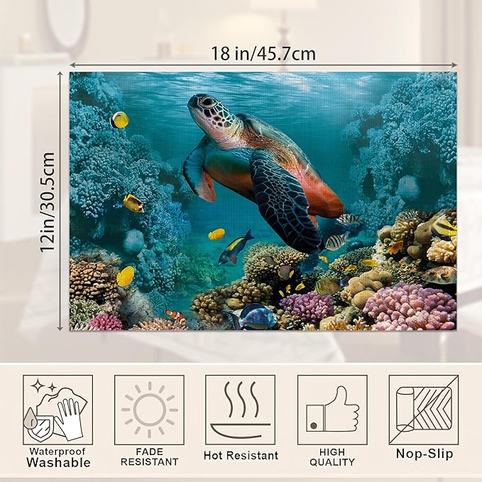 Turtle Underwater Placemats Set of 6,Sea Coral Fish Waterproof Non-Slip Washable Table Mats Set for Kitchen Dining Holiday Party Wedding Decor 12x18 Inch