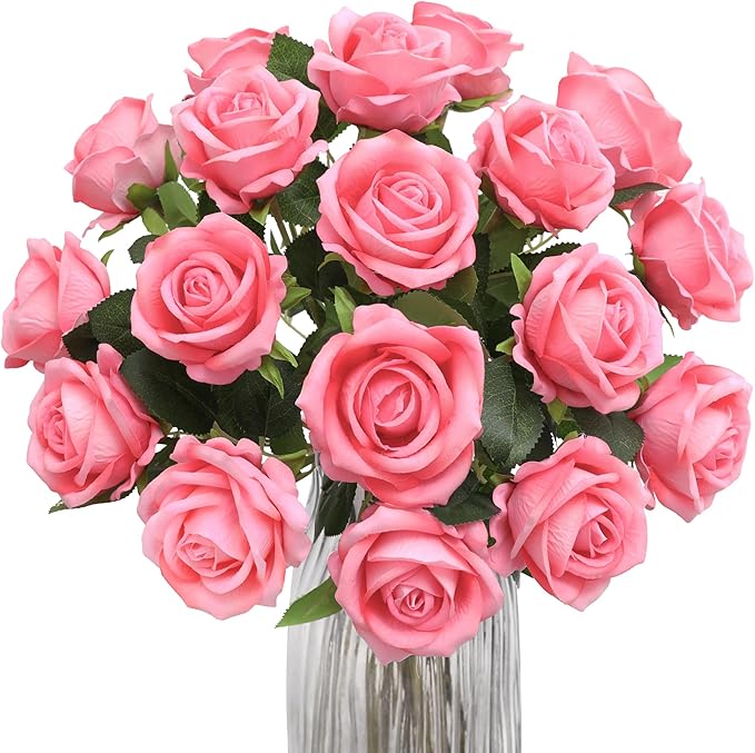 Hawesome Fake Roses Artificial Silk Flowers - 12 Pcs Pink Roses Artificial Faux Flowers with Stems for Home Wedding Centerpiece Hotel Office Decor