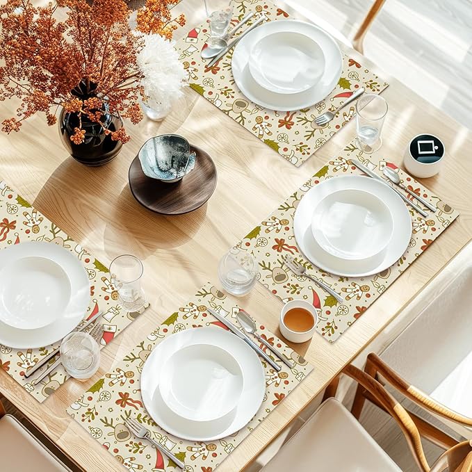 Santa Claus Elk Christmas Placemats Set of 4, Dining Mat Cotton Linen Waterproof Table Mats Decor Fabric for Christmas Holiday Kitchen Dinner Table, Washable Wipeable Placemat -N040
