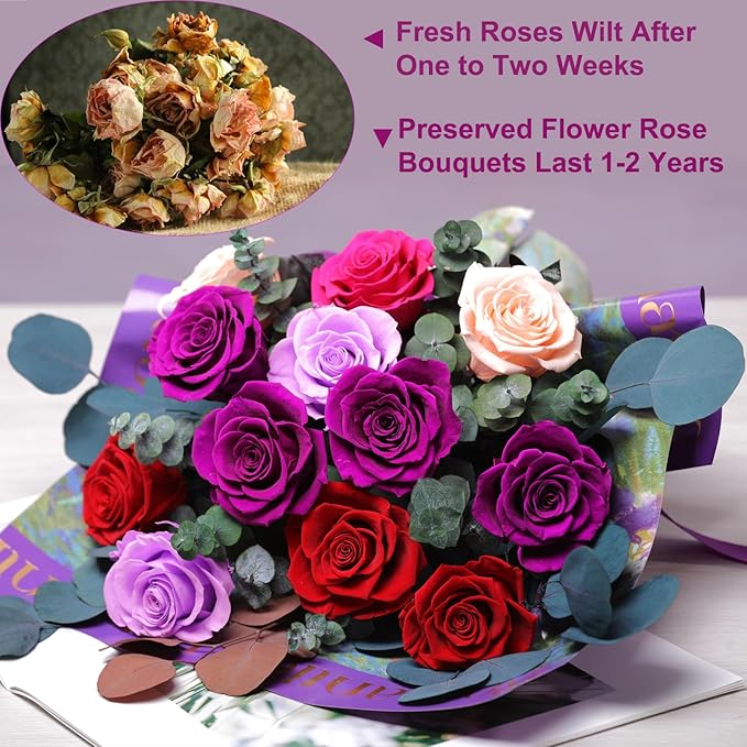 Flowers for Delivery Birthday Flowers Gift for Her,Preserved Flowers Bouquet 12 Roses Mixed Bouquet,Rose Gifts for Women Mom Grandma(Mixed 12 Purple-B Roses)