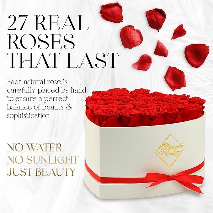 GLAMOUR BOUTIQUE Preserved Roses in a Box - Gifts for Her, Wife & Mom, Rose Flowers Forever Decor for Birthday Gift, Get Well Flower Bouquet Cased in White Box with Cover - Red - 27-Piece