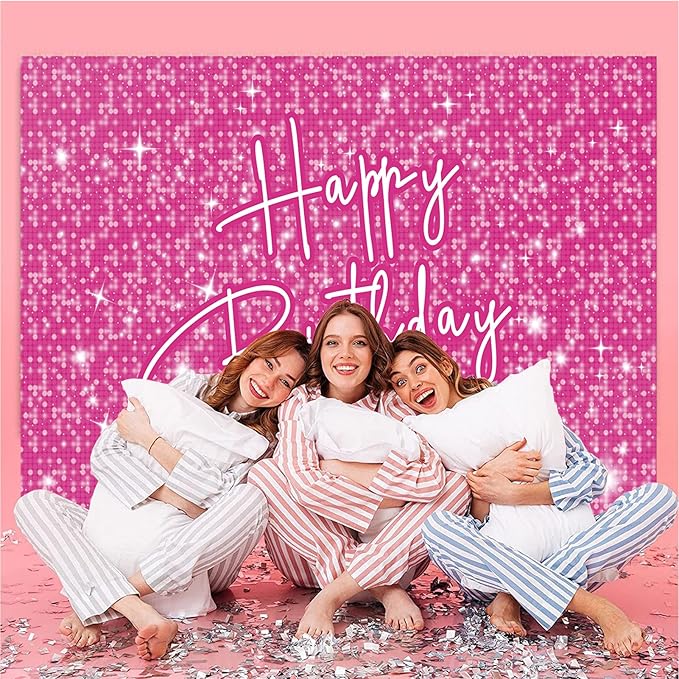Happy Birthday Decoration for Women Shiny Pink Neon Party Backdrop Glitter Banner for Girl Princess Party Table Wall Decorations Pink Sparkle Birthday Photo Booth Studio Background 7x5ft