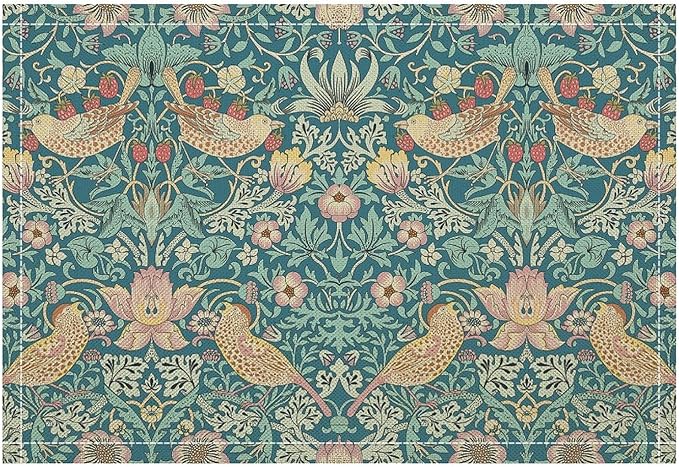 William Morris Floral Placemats Strawberry Thief Blue Art Printed Dining Table Mats Set of 4 for Home Kitchen Holiday Picnic Party Decoration 12x18in