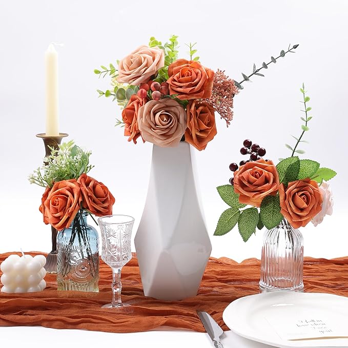 Meldel Artificial Flowers 25pcs Real Looking Burnt Orange Foam Fake Roses with Stems for DIY Wedding Bouquets Bridal Shower Centerpieces Floral Arrangements Home Decorations