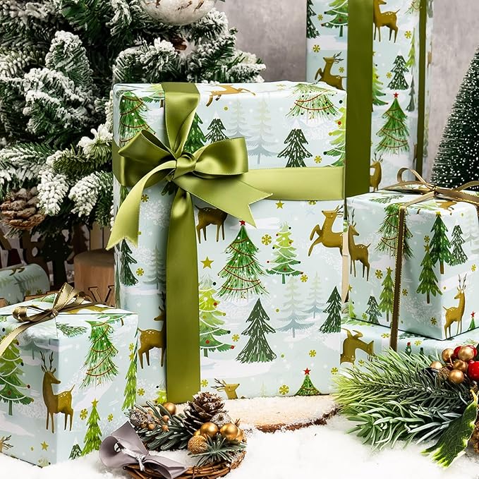MAYPLUSS Christmas Wrapping Paper - 17 In x 33 Feet - Cute Watercolor Winter Snowy Wonderland Deer and Christmas Tree Print Holiday Gift Wrap Paper for New Year, Xmas Gift Wrap, Party, Nature Lover