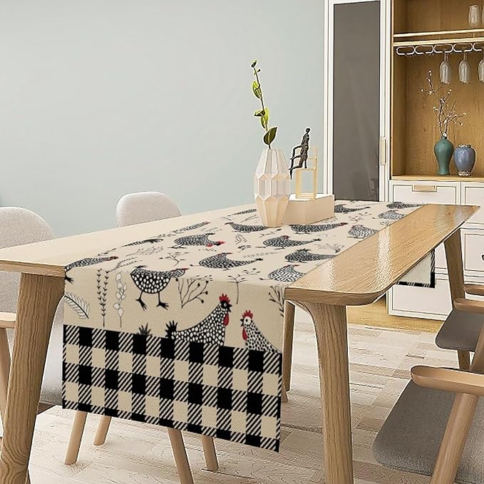 Farmhouse Rooster Table Runner Vintage Farm Funny Chicken Flower Dinner Runner for Country Farmhouse Home Kitchen Dinner Table Holiday Party Decoration 13x108in